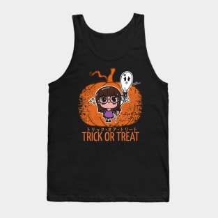 Kawaii Girl and the Unhappy Spirit: Halloween Charm on Pumpkin Background Tank Top